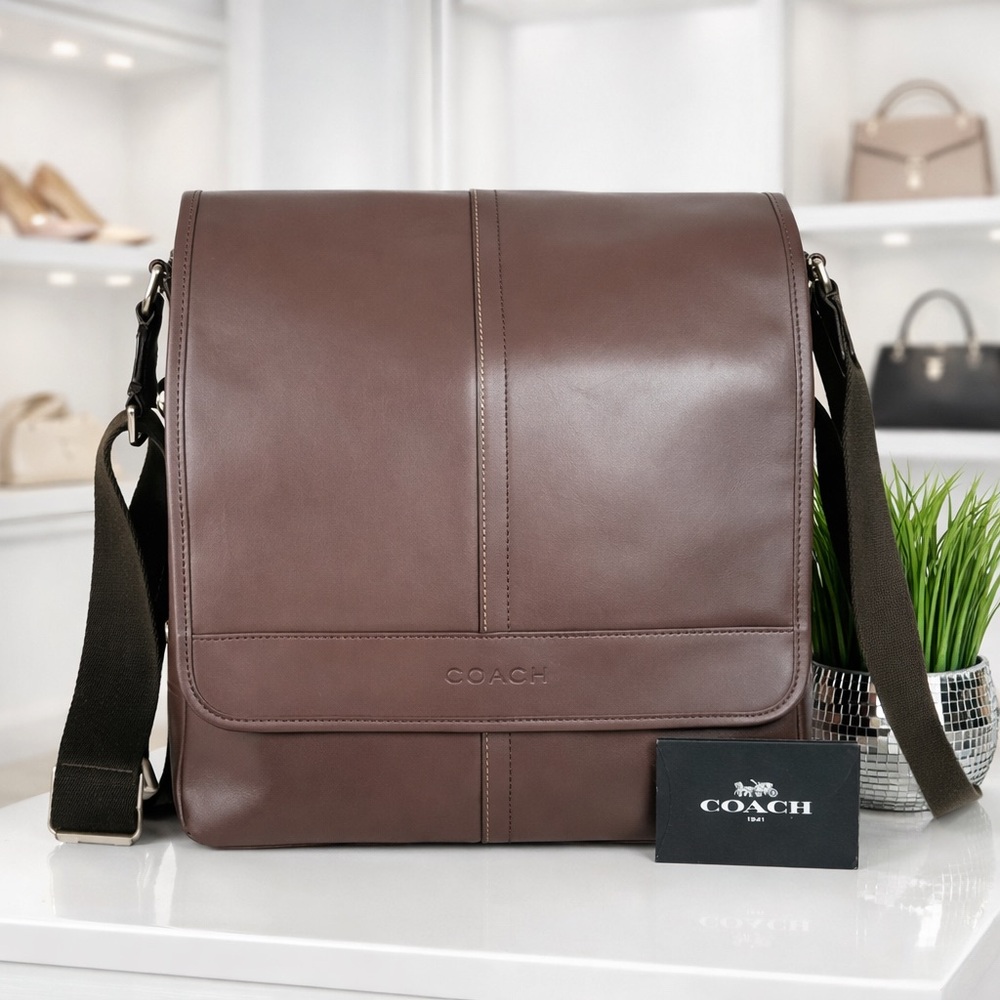 Coach Lexington Brown Mahogany Unisex Men Leather‎ Map Messenger Bag Work NWT